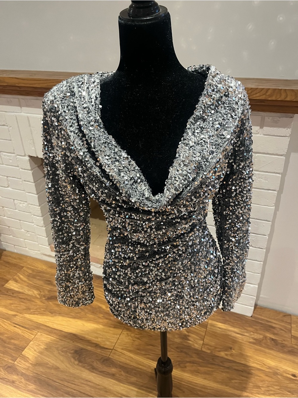 NWT 4th & Reckless Devi Silver Sequin Cowl Neck Mini Dress S